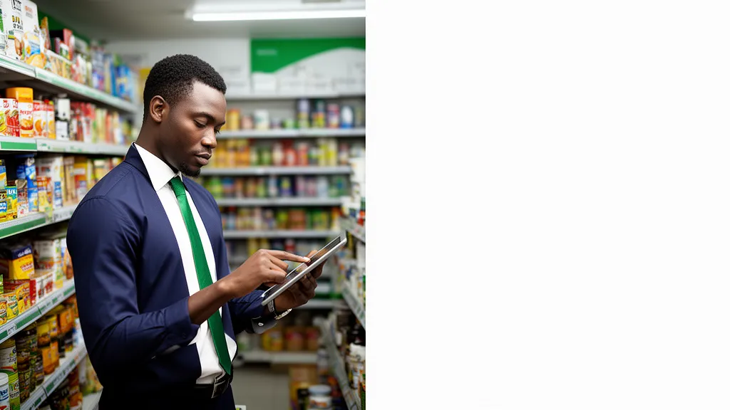A Nigerian entrepreneur reviewing sales data on a tablet in a well-lit mini-mart
