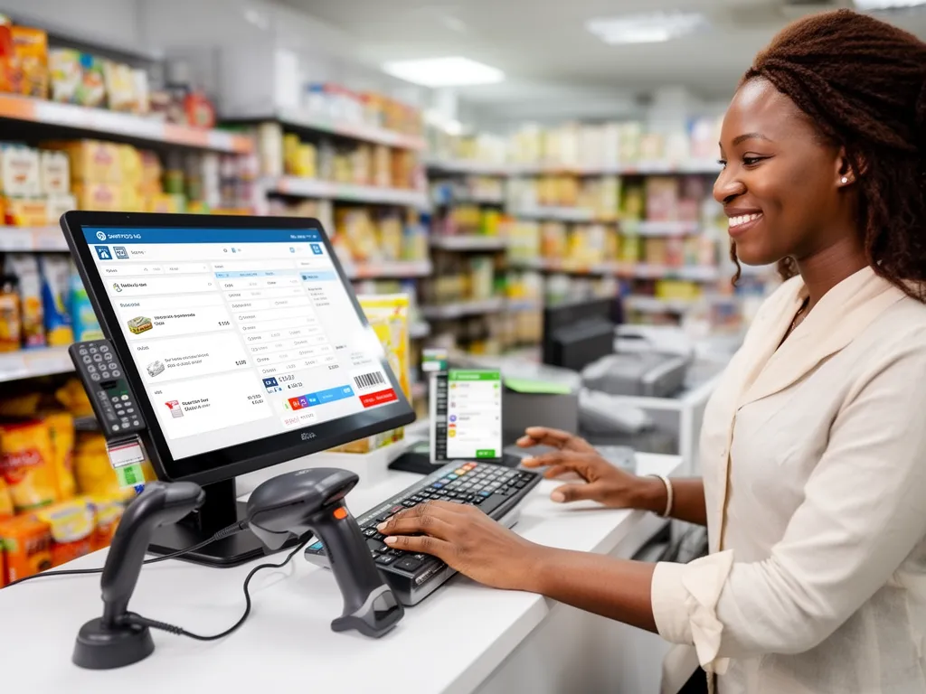 A cashier at a modern retail store in Nigeria swiftly scanning products with a barcode scanner connected to a sleek POS system, with a clear digital display showing the items in the cart.