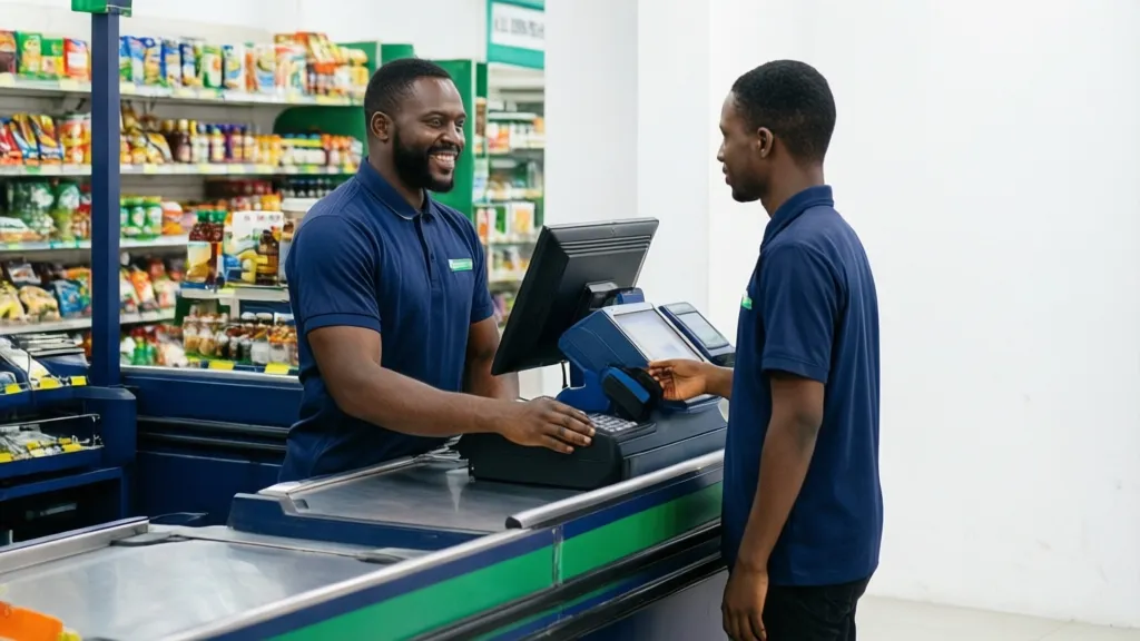 A busy Nigerian mini-mart with a clean and efficient checkout counter