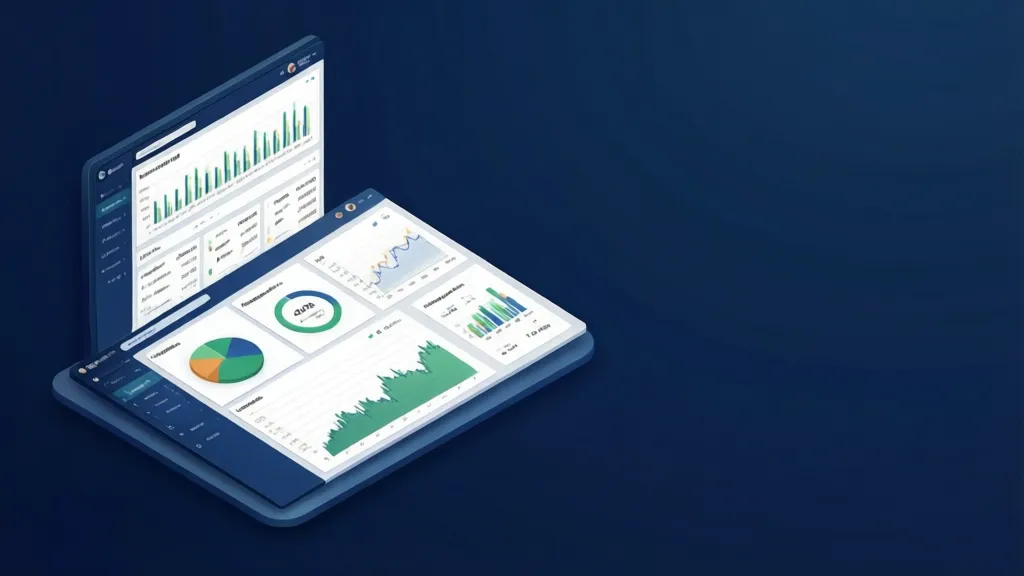 A clean 3D isometric illustration of a retail dashboard with graphs and data points