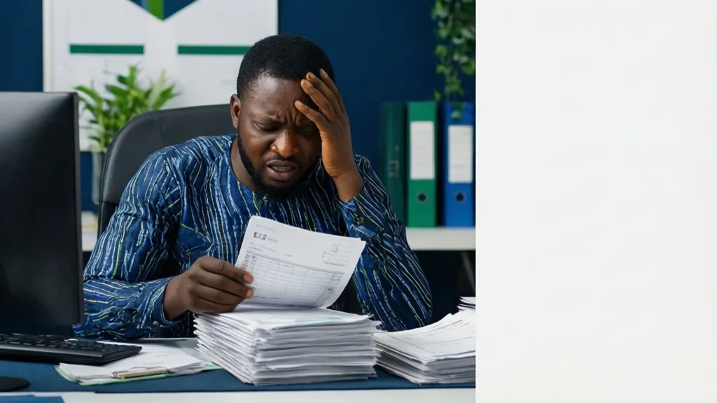 A Nigerian retail business owner looking stressed while reviewing stacks of paper invoices in a cluttered office