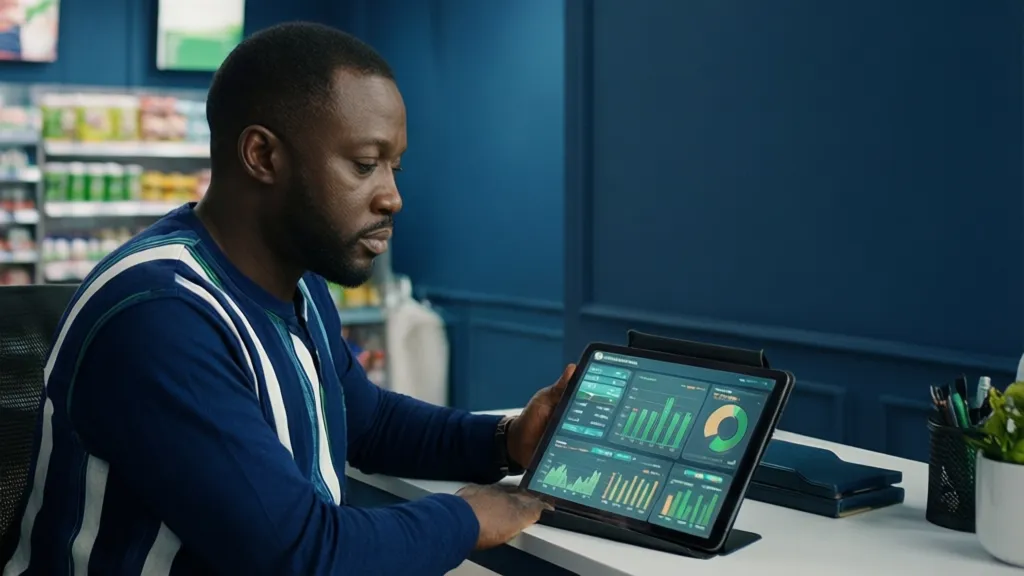 A Nigerian business owner reviewing a digital dashboard on a tablet, showing sales charts and inventory data.