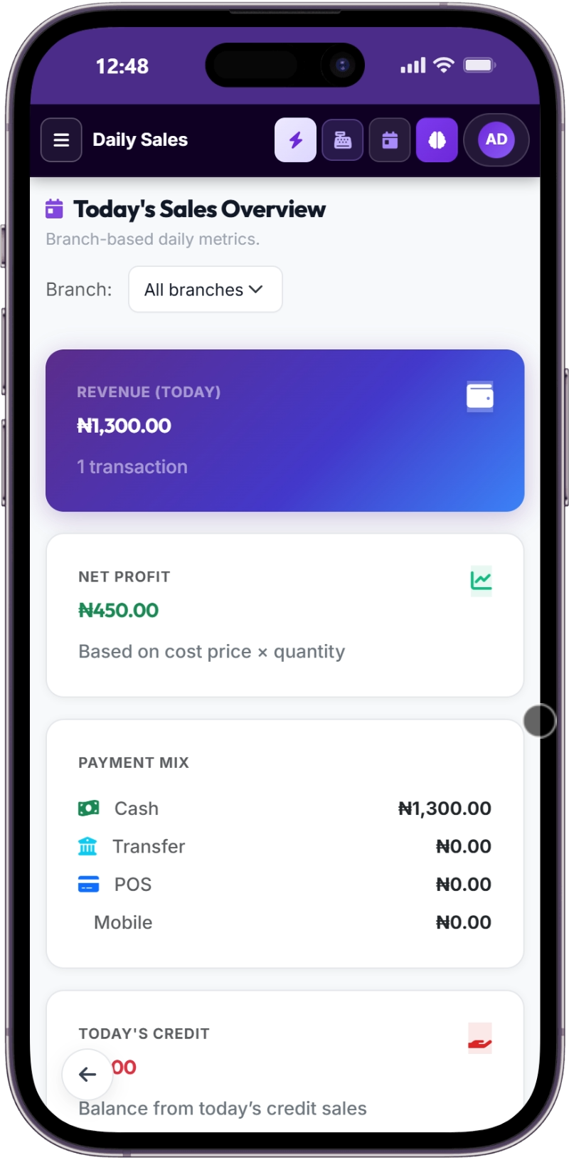 SwiftPOS Mobile Daily Sales & True Net Profit on iPhone 14 Pro